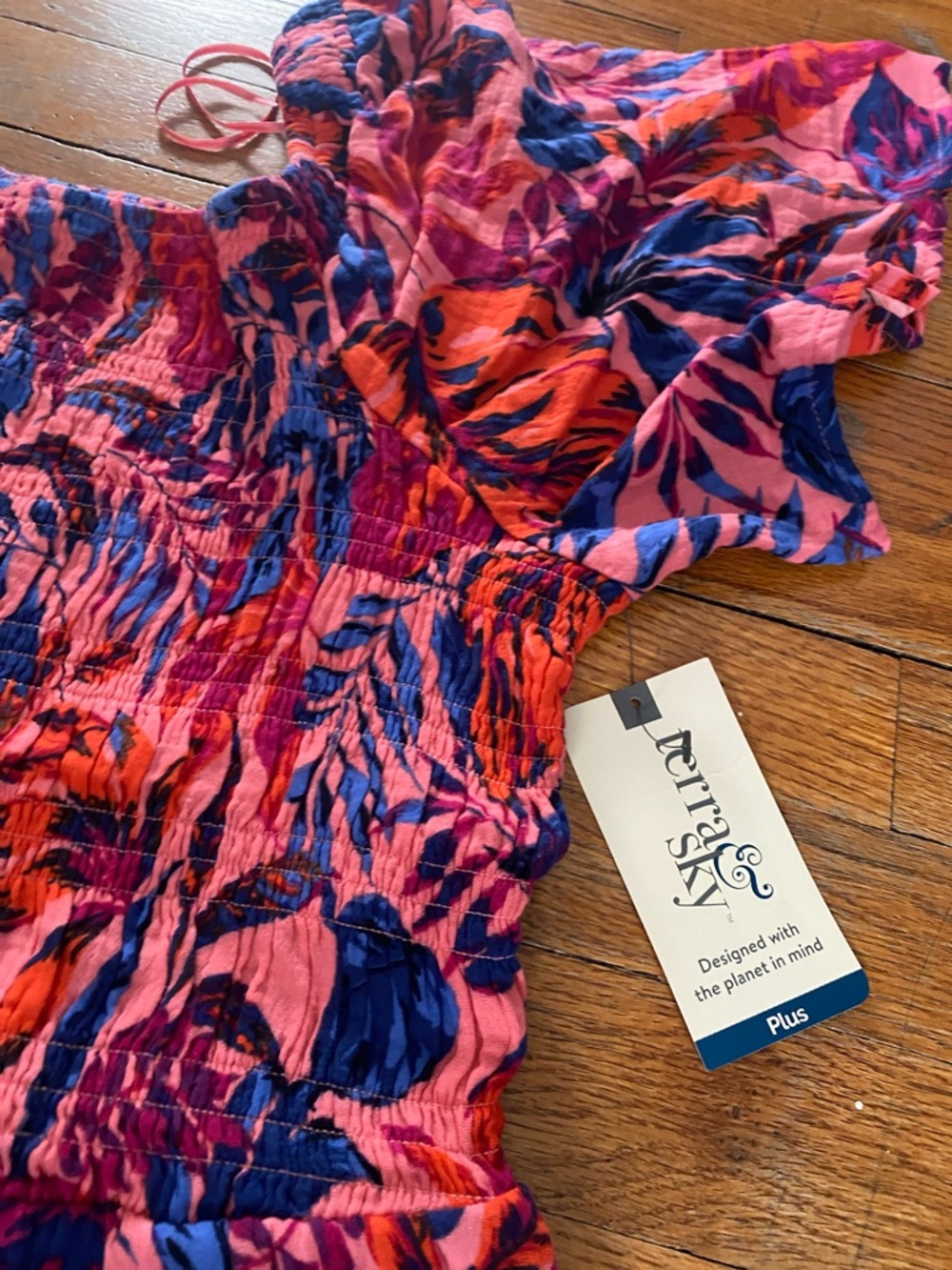 Terra & Sky Pink Floral Dress with Blue and Purple Leaves and pockets! - Picture 4 of 7
